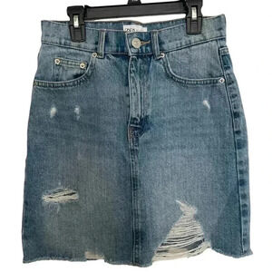 Zara Blue Denim Mini Skirt Distressed Raw Hem Jean Skirt Size Small